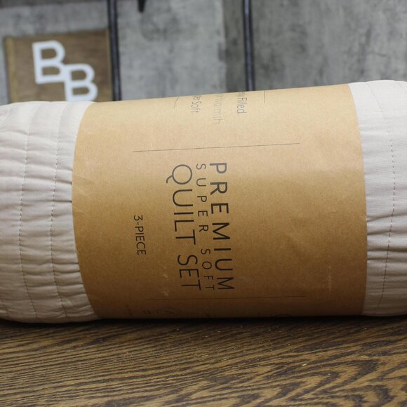 NWT iEnjoy Home Season 3-Piece Stripe Stitch Quilt Set Beige Brown Full / Queen - Picture 7 of 10